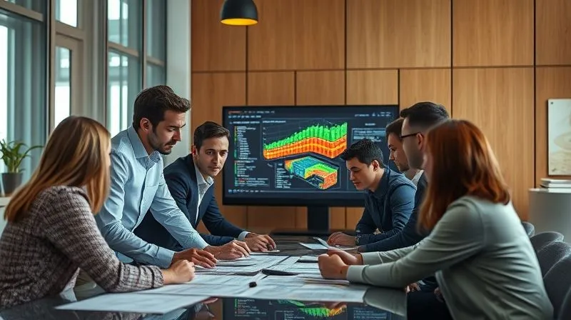 A photorealistic image of a diverse team of architects, engineers, and legal professionals collaborating around a table, reviewing green building performance data on a large screen, with a sense of urgent problem-solving and focus, cinematic lighting, sharp focus, depth of field, 8K hyper-detailed, professional photography.