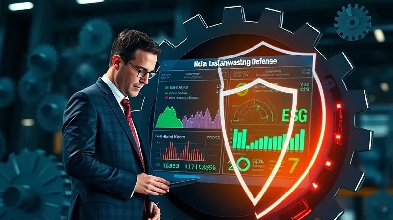 A photorealistic, professional photography, 8K, cinematic lighting, sharp focus, depth of field, shot on a high-end DSLR, depicting a diverse team of corporate professionals, including a lawyer, a sustainability expert, and a data analyst, collaboratively reviewing a complex digital dashboard displaying ESG metrics and legal compliance indicators. They are surrounded by clear, interlocking gears and a sturdy, transparent shield, metaphorically representing a robust, proactive framework for greenwashing defense. The scene conveys diligence, collaboration, and a secure approach to sustainability reporting.