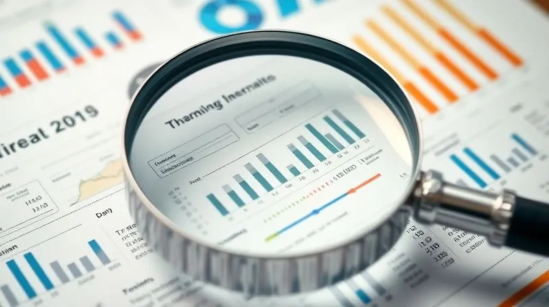 A photorealistic image of a magnifying glass hovering over complex financial documents, with charts, graphs, and numbers clearly visible. The lens distorts and sharpens a specific section, emphasizing scrutiny and detail. Cinematic lighting, sharp focus on the documents, depth of field blurring the background. 8K hyper-detailed, professional photography, shot on a high-end DSLR.