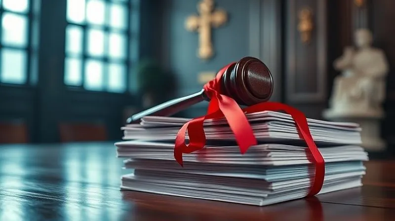 A photorealistic image of a stack of legal documents tied with a red ribbon, with a wooden gavel resting on top, all under dramatic, low-key cinematic lighting. Sharp focus on the gavel and documents, depth of field blurring a courtroom background, professional photography, 8K hyper-detailed, shot on a high-end DSLR.