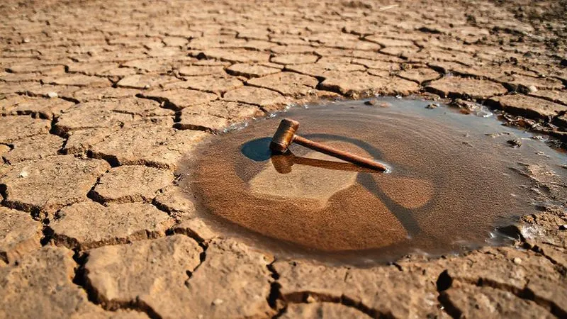 A photorealistic, professional photography, 8K, cinematic lighting, sharp focus, depth of field, shot on a high-end DSLR, depicting a parched riverbed with cracked earth, a small, nearly dry puddle of water reflecting a distorted image of a legal document or a gavel. The image conveys scarcity, conflict, and the legal battleground of water rights.