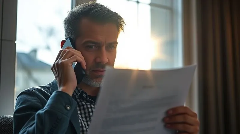 Photorealistic image of a person on the phone with a serious expression, holding a legal document, light streaming through a window suggesting hope, professional photography, 8K, cinematic lighting, sharp focus, depth of field, shot on a high-end DSLR.