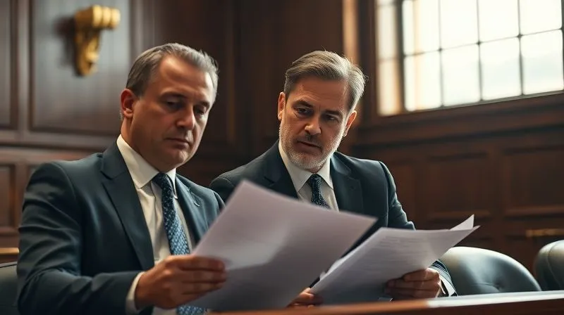 Photorealistic image of a focused defense attorney in a courtroom, reviewing documents with a client, light from a window illuminating their faces, professional photography, 8K, cinematic lighting, sharp focus, depth of field, shot on a high-end DSLR.