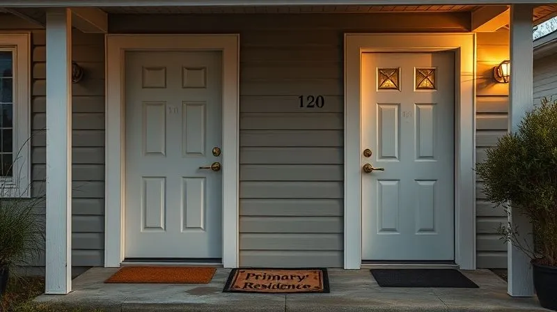 photorealistic, professional photography, 8K, cinematic lighting, sharp focus, depth of field, shot on a high-end DSLR. A cozy, well-maintained house with two distinct doors, one clearly marked 'Primary Residence' with a welcoming doormat, and the other subtly indicated as 'Rental Property' with a small key icon, emphasizing the critical distinction for tax credit eligibility, with a subtle glow of efficiency around the 'Primary Residence' door.