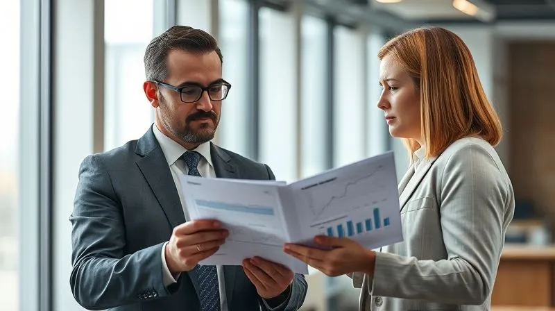 photorealistic, professional photography, 8K, cinematic lighting, sharp focus, depth of field, shot on a high-end DSLR. A tax professional, dressed in smart business attire, calmly explaining complex tax documents to a client in a modern office setting. Both are looking at a tablet displaying graphs and figures, with a subtle, reassuring expression on the professional's face, emphasizing clarity and expert guidance.