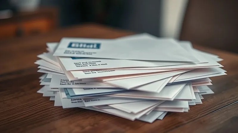 A close-up, photorealistic shot of a stack of mail on a wooden table, with various envelopes showing different names and addresses, some clearly belonging to two different individuals at the same residence. Cinematic lighting, sharp focus on the mail, depth of field blurring the background, 8K hyper-detailed, shot on a high-end DSLR.