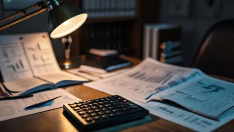 A photorealistic image of a forensic accountant's desk, with multiple open ledgers, financial charts, and a calculator, all under a focused desk lamp. Cinematic lighting, sharp focus on the documents, depth of field blurring the background. 8K hyper-detailed, professional photography, shot on a high-end DSLR.