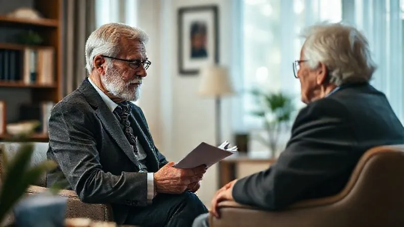 A photorealistic, professional photograph of an empathetic elder law attorney gently speaking with an elderly client in a comfortable, well-lit office. The attorney is taking notes, demonstrating active listening. Cinematic lighting, sharp focus on their interaction, depth of field subtly blurring the background. 8K hyper-detailed, shot on a high-end DSLR.