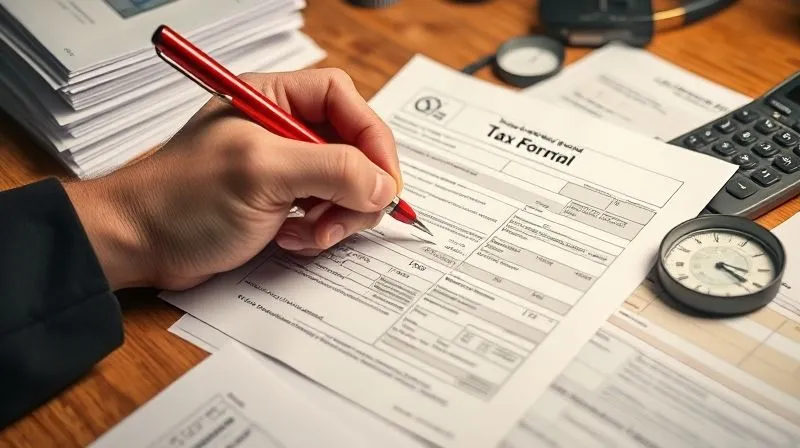photorealistic, professional photography, 8K, cinematic lighting, sharp focus, depth of field, shot on a high-end DSLR, a hand meticulously analyzing a complex IRS tax form with a red pen, highlighting suspicious entries, surrounded by stacks of financial documents, a calculator and magnifying glass on a wooden desk, conveying intense financial scrutiny.