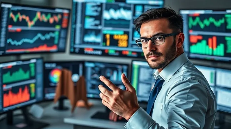 photorealistic, professional photography, 8K, cinematic lighting, sharp focus, depth of field, shot on a high-end DSLR, a forensic accountant in a modern office, surrounded by multiple computer screens displaying financial charts and spreadsheets, a serious and focused expression, hands gesturing towards a complex data visualization, conveying expertise and meticulous investigation.