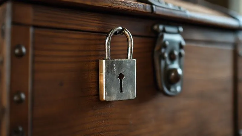 photorealistic, professional photography, 8K, cinematic lighting, sharp focus, depth of field, shot on a high-end DSLR, a secure, antique wooden chest being locked with a key, symbolizing the protection of vital documents and decisions. The lighting should emphasize the texture of the wood and the metallic gleam of the lock, conveying security and foresight.