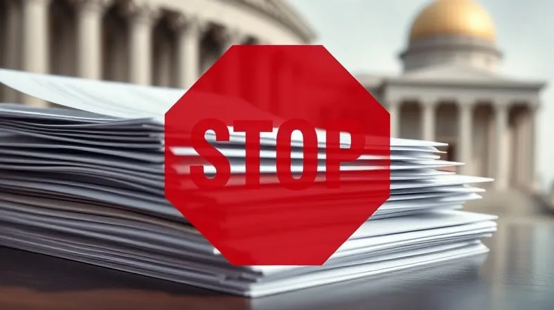 photorealistic, professional photography, 8K, cinematic lighting, sharp focus, depth of field, shot on a high-end DSLR, a stack of legal documents with a prominent red 'STOP' sign icon superimposed, symbolizing the automatic stay in bankruptcy, subtle courthouse background, conveying immediate halt and legal complexity.