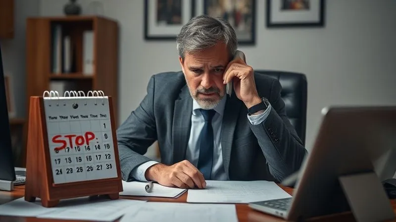 photorealistic, professional photography, 8K, cinematic lighting, sharp focus, depth of field, shot on a high-end DSLR, a distressed landlord sitting at a desk, surrounded by legal documents, making a phone call, with a calendar marked with 'STOP' symbols, conveying the urgency and necessity of immediate action and legal consultation.