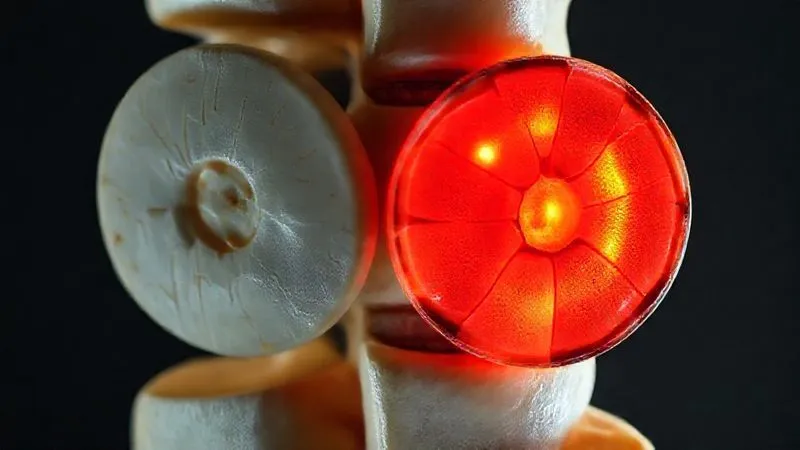 A photorealistic close-up of a human spine model, with one disc showing signs of age-related degeneration and an adjacent disc showing clear signs of acute traumatic injury. The lighting is clinical yet dramatic, emphasizing the contrast between the two. Professional photography, 8K, shot on a high-end DSLR.