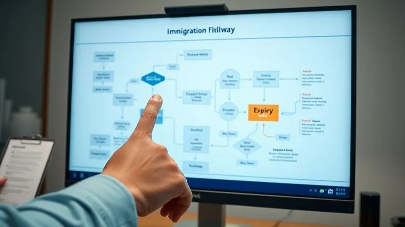 A photorealistic image of a detailed flowchart on a bright monitor, illustrating the complex pathways of immigration applications and potential status changes. The chart has decision points and conditional arrows, with a hand pointing to a critical 'expiry' node. Professional office setting, 8K, cinematic lighting, depth of field, sharp focus, shot on a high-end DSLR.