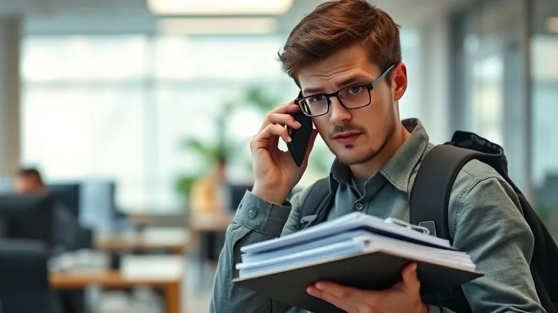 A photorealistic image of an F-1 student, looking anxious but determined, speaking intently on a phone while holding a stack of documents. The background is a university office, slightly blurred. Cinematic lighting, sharp focus on the student, depth of field. 8K hyper-detailed, professional photography, shot on a high-end DSLR.