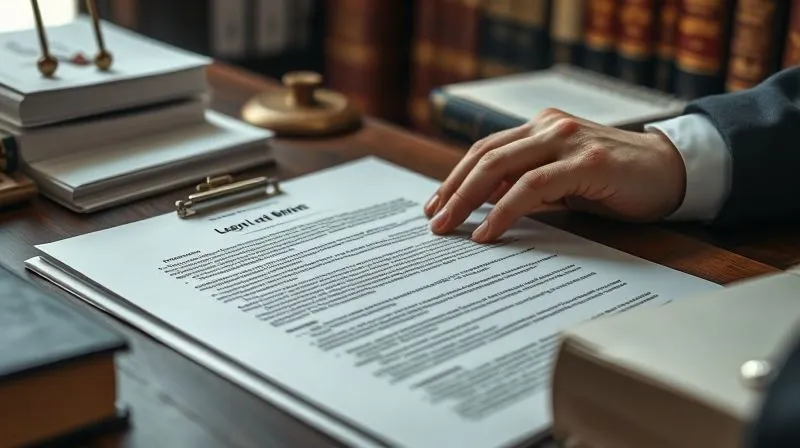 A photorealistic, close-up image of a legal brief open on a desk, with specific text highlighted, surrounded by legal research books and a focused lawyer's hand. Cinematic lighting, sharp focus on the brief, depth of field blurring the background, 8K hyper-detailed, professional photography.