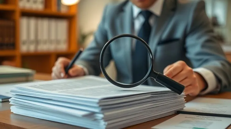 A photorealistic, professional image depicting a lawyer meticulously reviewing a stack of legal documents and transcripts, with a magnifying glass over a specific page. The setting is a well-organized office with warm, focused lighting. Sharp focus on the documents, depth of field blurring the background, 8K hyper-detailed, professional photography.