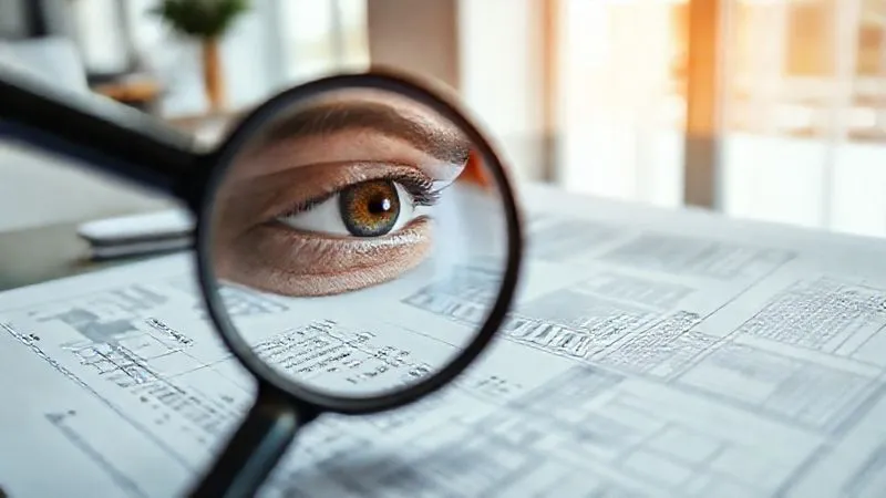 A photorealistic, professional photography, 8K, cinematic lighting, sharp focus, depth of field, shot on a high-end DSLR, of a magnifying glass over a detailed financial document and a blueprint, with a focused, discerning eye peering through it. The setting is a well-lit, modern office, emphasizing meticulous due diligence and expert scrutiny in EB-5 investment planning.