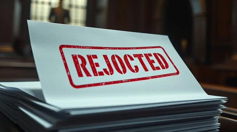 A photorealistic close-up of a stack of legal documents with a prominent red 'REJECTED' stamp on the top paper, dimly lit in a courthouse setting, conveying the weight of legal non-compliance. Professional photography, 8K, cinematic lighting, sharp focus, depth of field, shot on a high-end DSLR.