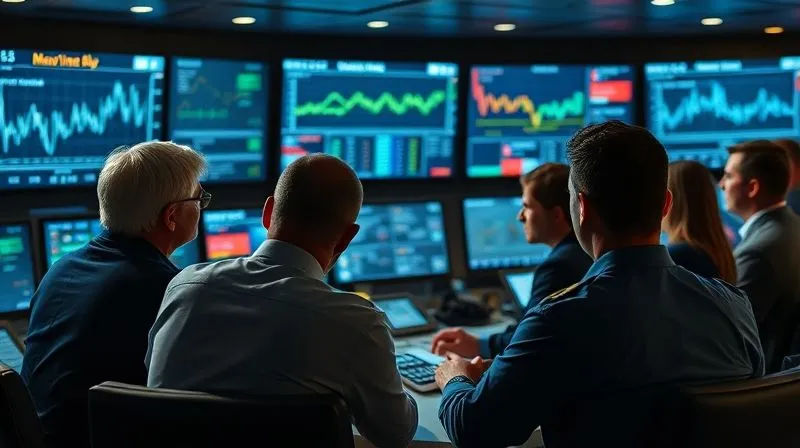 A group of maritime professionals in a modern control room, intently reviewing data on large, interconnected screens displaying charts and incident timelines. The atmosphere is serious and analytical, indicating a debriefing or analysis session after a major event. Photorealistic, professional photography, 8K, cinematic lighting, sharp focus on the faces, depth of field blurring the background screens.