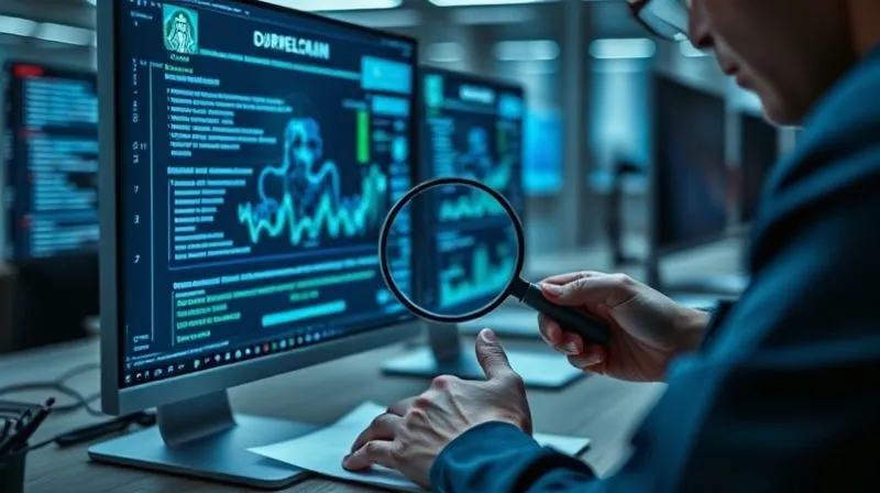A photorealistic, professional photography, 8K image of a digital forensics expert meticulously examining a screen displaying blockchain data and digital art, with a magnifying glass and notes. Cinematic lighting, sharp focus on the screen and hands, depth of field blurring the background of a modern tech office. The scene conveys intense investigation and precision.