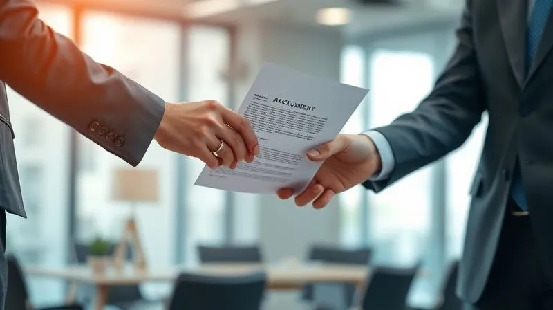 A photorealistic, professional photography, 8K image of a solemn, professional legal document being exchanged between two figures in a modern, minimalist office setting, representing dispute resolution. Cinematic lighting, sharp focus on the document and hands, depth of field blurring the contemporary office environment. The scene conveys formal negotiation and agreement.