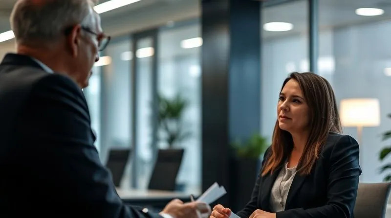 A photorealistic, professional photography, 8K image of a legal professional in a modern, well-lit office, engaged in a serious and empathetic discussion with a client. The focus is on their faces, conveying trust and deep understanding in a digital context. Cinematic lighting, sharp focus on the individuals, depth of field blurring the contemporary office background with subtle tech elements.