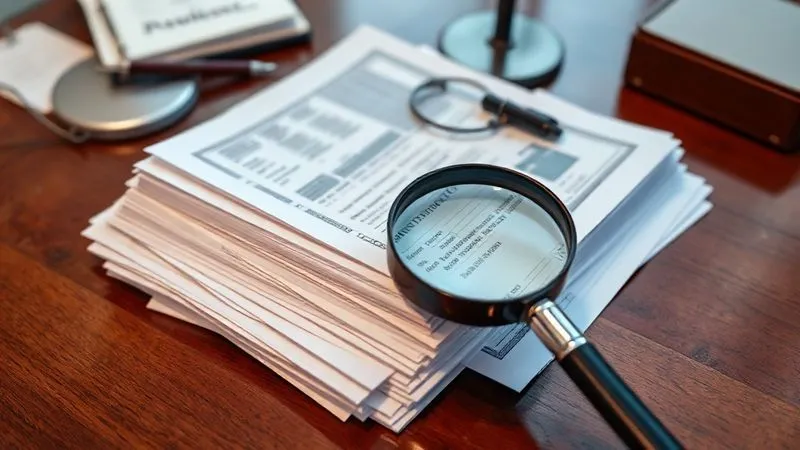 A photorealistic, professional photography, 8K, cinematic lighting, sharp focus, depth of field, shot on a high-end DSLR. A stack of financial documents, bank statements, and legal papers meticulously organized on a polished wooden desk, with a magnifying glass resting on a suspicious transaction. The lighting is focused and analytical, conveying diligence and investigation.