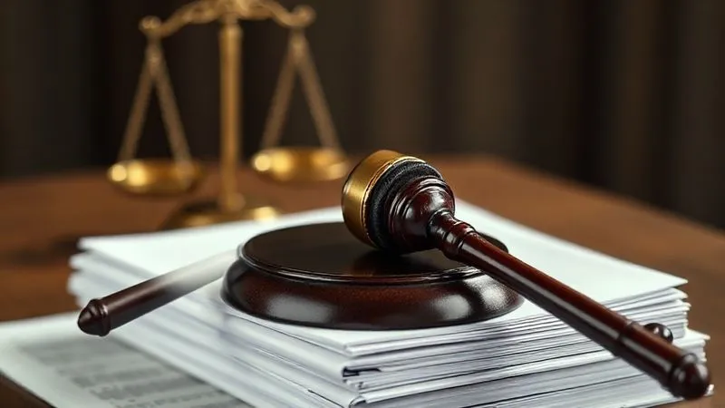 A photorealistic, professional photography, 8K, cinematic lighting, sharp focus, depth of field, shot on a high-end DSLR. A judge's gavel resting on a stack of legal briefs, with a set of antique scales of justice in the background, subtly out of focus. The lighting is solemn and authoritative, emphasizing the weight of the law and the pursuit of fairness.