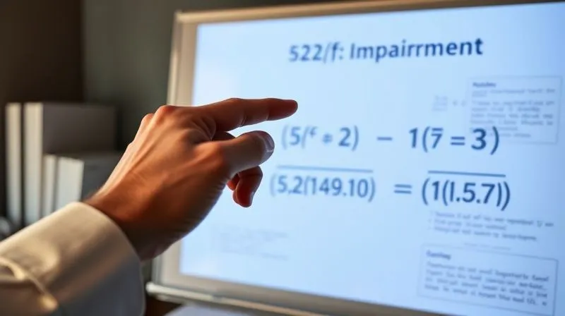 photorealistic, professional photography, 8K, cinematic lighting, sharp focus, depth of field, shot on a high-end DSLR, a lawyer's hand pointing to a clear, complex equation projected onto a whiteboard, showing the 522(f) impairment formula with numbers, with other legal documents subtly blurred in the background, conveying precision and strategic calculation.