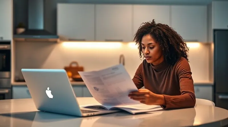 photorealistic, professional photography, 8K, cinematic lighting, sharp focus, depth of field, shot on a high-end DSLR, a diverse couple thoughtfully reviewing legal documents together at a modern kitchen island, a sense of shared focus and collaboration, with the soft light of a laptop screen illuminating their faces, symbolizing joint financial planning and legal considerations.