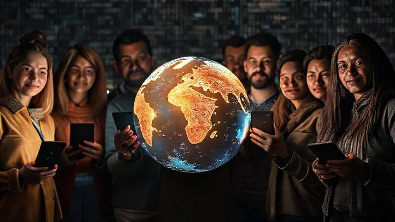 photorealistic, professional photography, 8K, cinematic lighting, sharp focus, depth of field, shot on a high-end DSLR. A diverse group of people, representing different nationalities, standing together, holding digital devices that display a glowing, interconnected globe. Their faces are determined, symbolizing global solidarity and the collective fight for digital rights against a backdrop of subtle, shimmering code. The scene conveys resilience and shared purpose.
