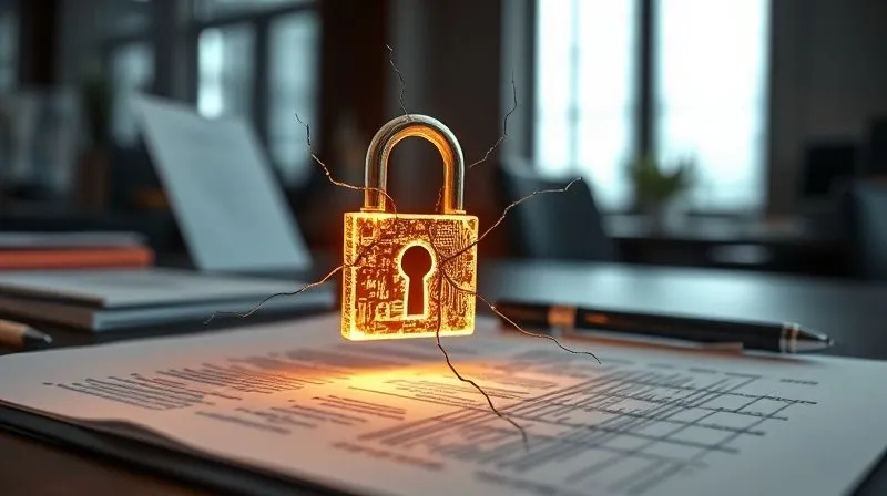 A photorealistic image of a legal document with a glowing, intricate digital lock superimposed, but with subtle cracks radiating from the center, symbolizing a breach of trust and information security. The background is a blurred, professional office setting. Cinematic lighting, sharp focus on the lock and cracks, depth of field, 8K hyper-detailed, professional photography, shot on a high-end DSLR.