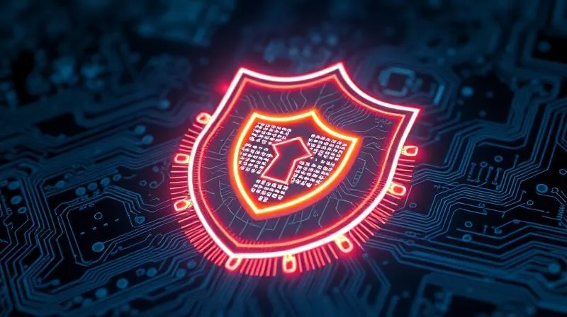 A photorealistic image of a glowing, intricate digital shield forming around a complex circuit board or a blueprint, representing immediate protection against a threat. Cinematic lighting, sharp focus on the shield and circuit board, depth of field blurring the background, 8K hyper-detailed, professional photography, shot on a high-end DSLR. Emotion: security, defense, strength.