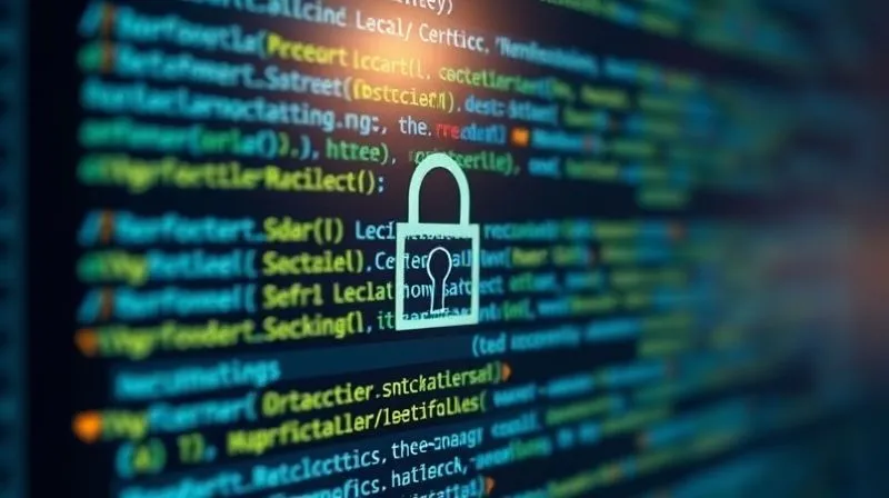 A photorealistic, close-up shot of complex code on a screen, with a subtle digital lock icon, illustrating the critical security and legal implications of smart contract programming. Cinematic, sharp focus.