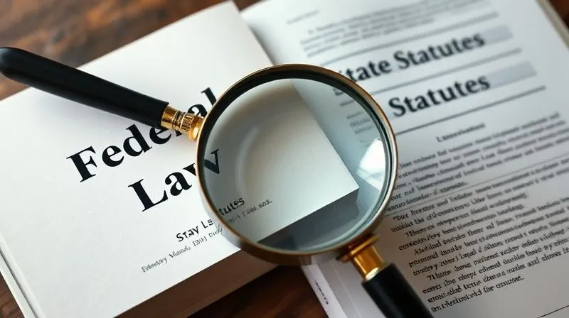 A photorealistic image depicting two distinct legal books, one labeled 'Federal Law' and the other 'State Statutes', slightly overlapping but clearly separate, with a magnifying glass hovering over the intersection, symbolizing the complex interplay and potential conflicts between different legal jurisdictions. Professional photography, 8K, cinematic lighting, sharp focus, depth of field.