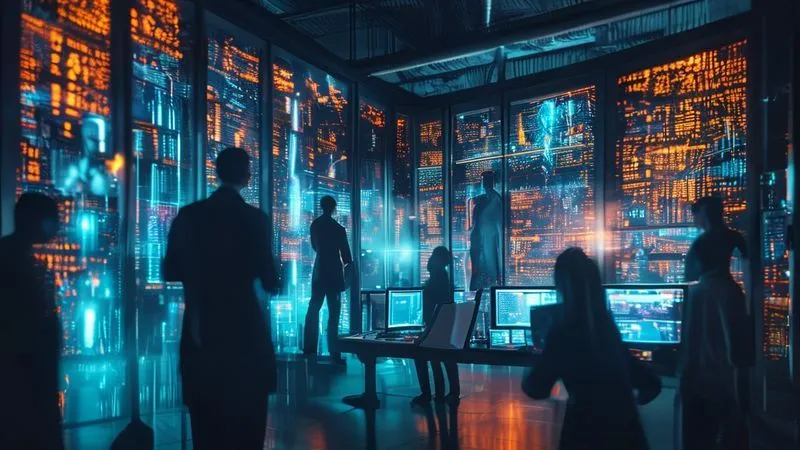 A photorealistic, professional photography, 8K image of a large, modern data server room with intricate wiring and glowing indicator lights, representing the vastness of electronic discovery. In the foreground, blurred figures of legal professionals are reviewing screens, with a sharp focus on detailed data visualizations. Cinematic lighting casts long shadows, emphasizing the complexity. Shot on a high-end DSLR.