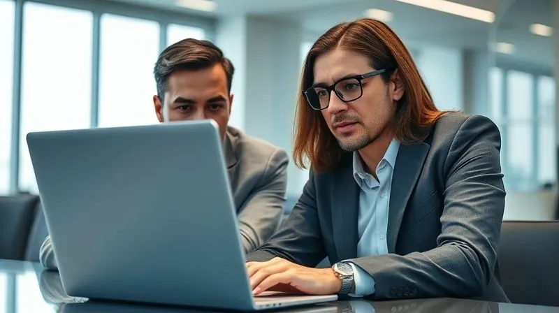 A photorealistic, professional photography, 8K, cinematic lighting, sharp focus, depth of field, shot on a high-end DSLR, depicting two professional individuals (one HR, one manager) in a virtual meeting, their faces serious but empathetic, looking at a laptop screen. The screen shows a blurred image of a third person, suggesting a remote termination meeting. The background is a modern, clean office setting.