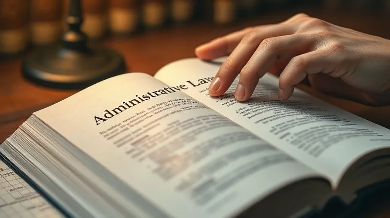 A photorealistic, close-up shot of a legal textbook opened to a section on 'Administrative Law', with a thoughtful hand pointing to a complex legal paragraph. The scene suggests deep study and expert guidance, with warm, focused lighting. Cinematic lighting, sharp focus, depth of field, 8K, professional photography, shot on a high-end DSLR.