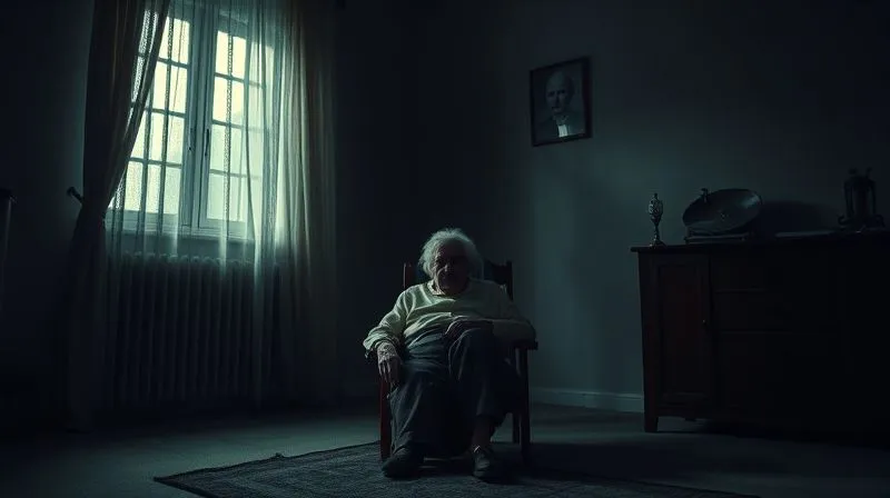 A photorealistic, professional photography, 8K, cinematic lighting, sharp focus, depth of field, shot on a high-end DSLR, depicting a frail elder sitting alone in a dimly lit room, with a shadow of a controlling figure looming over them, conveying vulnerability and potential oversight.