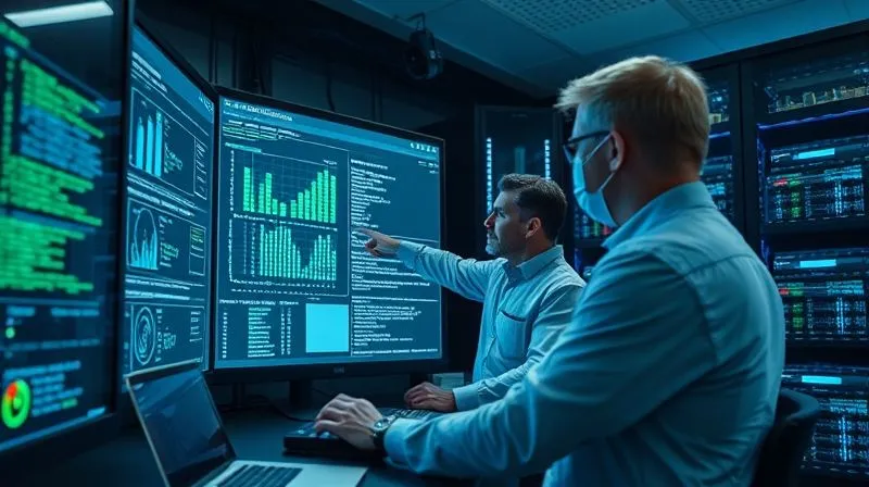 A photorealistic image of a team of cybersecurity forensic investigators in a server room, intensely examining network logs and hard drives. One person is pointing at a complex data visualization on a large screen, indicating a critical finding. The room is cool and sterile, with server lights glowing. Professional photography, 8K, cinematic lighting, sharp focus, depth of field.