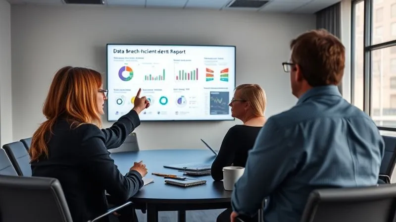 A photorealistic image of a diverse team (legal counsel, IT specialist, school administrator) in a modern conference room, intensely reviewing a data breach incident report displayed on a large screen. They are pointing at charts and graphs, engaged in a serious discussion about lessons learned and future prevention strategies. Professional photography, 8K, cinematic lighting, sharp focus on the report, depth of field.