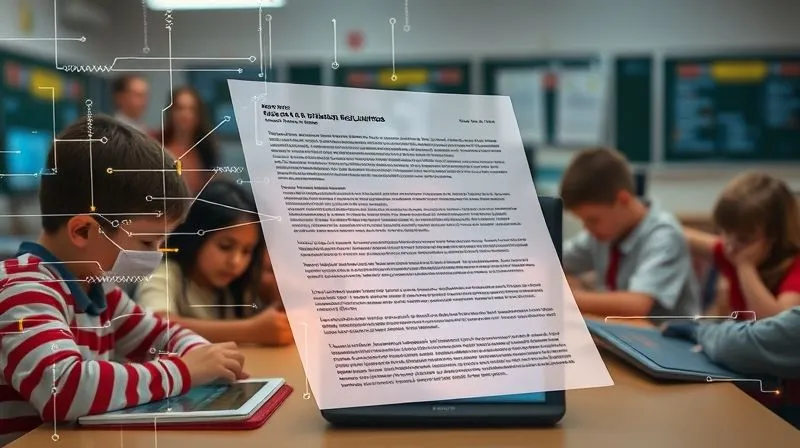 A photorealistic image of a futuristic, abstract legal document with glowing lines representing data flows and privacy regulations, overlaid on a background of school children interacting with tablets and computers. The image conveys the complexity and evolving nature of educational technology law. Professional photography, 8K, cinematic lighting, sharp focus, depth of field.