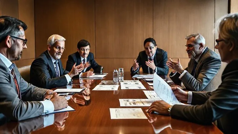 A photorealistic, professional photography, 8K, cinematic lighting shot of a diverse group of corporate executives and legal counsel engaged in intense negotiation around a large, polished conference table. They are gesturing with determined but professional expressions, with legal documents and financial reports open before them. Sharp focus on the faces and documents, depth of field blurring the background, shot on a high-end DSLR.