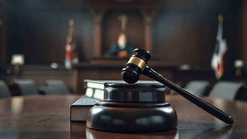 A photorealistic, professional photography, 8K, cinematic lighting shot of a gavel resting on a stack of legal books in a somber courtroom setting, with a blurred background showing a judge's bench and legal proceedings, symbolizing formal legal intervention in corporate matters. Sharp focus on the gavel, depth of field, shot on a high-end DSLR.
