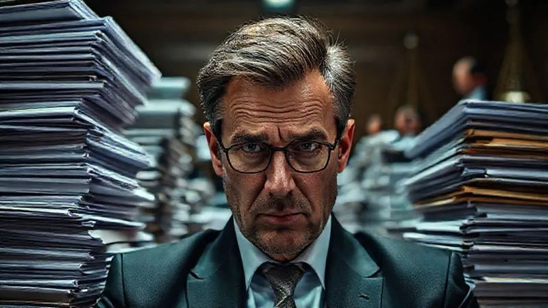A photorealistic, professional photography, 8K, cinematic lighting shot of a corporate executive looking stressed and overwhelmed, surrounded by towering stacks of complex legal documents and blurred figures of lawyers in the background, symbolizing the intricate and challenging legal pitfalls of corporate restructuring. Sharp focus on the executive's face, depth of field, shot on a high-end DSLR.