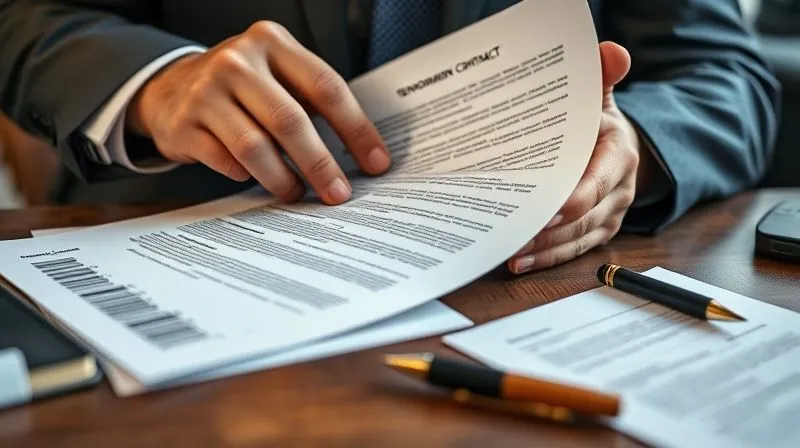 A photorealistic, professional photography image of a focused legal counsel's hands, in a well-tailored suit, meticulously reviewing and highlighting sections of a complex endorsement contract. A termination notice document is partially visible on the desk, alongside a fountain pen and a legal pad. Cinematic lighting, sharp focus on the hands and documents, depth of field blurring the background, 8K hyper-detailed, shot on a high-end DSLR, conveying precision and the gravity of legal action.