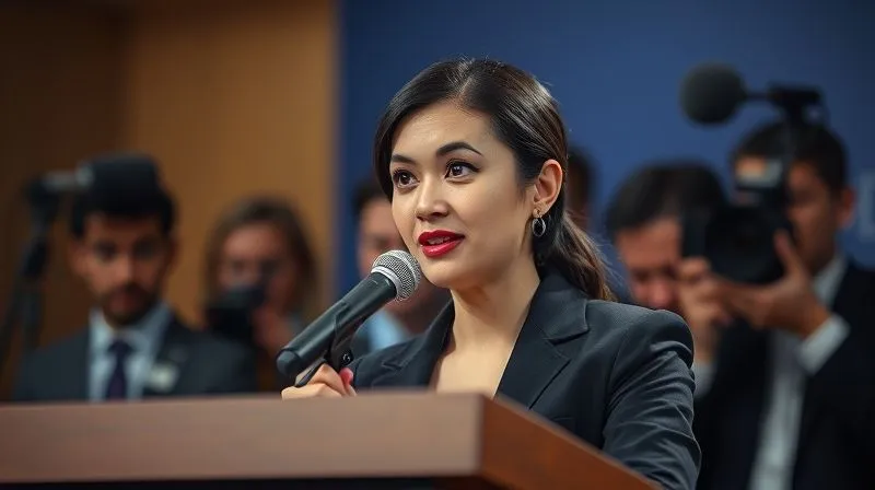 A photorealistic, professional photography image of a confident female brand manager, dressed in business attire, speaking calmly and reassuringly into a microphone at a press conference. Her expression is composed, conveying control and transparency. A subtle brand logo is visible on the podium. Cinematic lighting, sharp focus on the speaker, depth of field blurring the reporters in the background, 8K hyper-detailed, shot on a high-end DSLR, embodying effective crisis communication and brand reassurance.