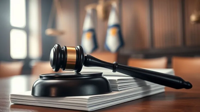 A photorealistic, professional photography, 8K image of a gavel resting on a stack of legal documents, with a blurred, intense courtroom scene in the background. The gavel is in sharp focus, symbolizing legal authority and the pursuit of justice, with cinematic lighting casting dramatic shadows. Depth of field is shallow, shot on a high-end DSLR.